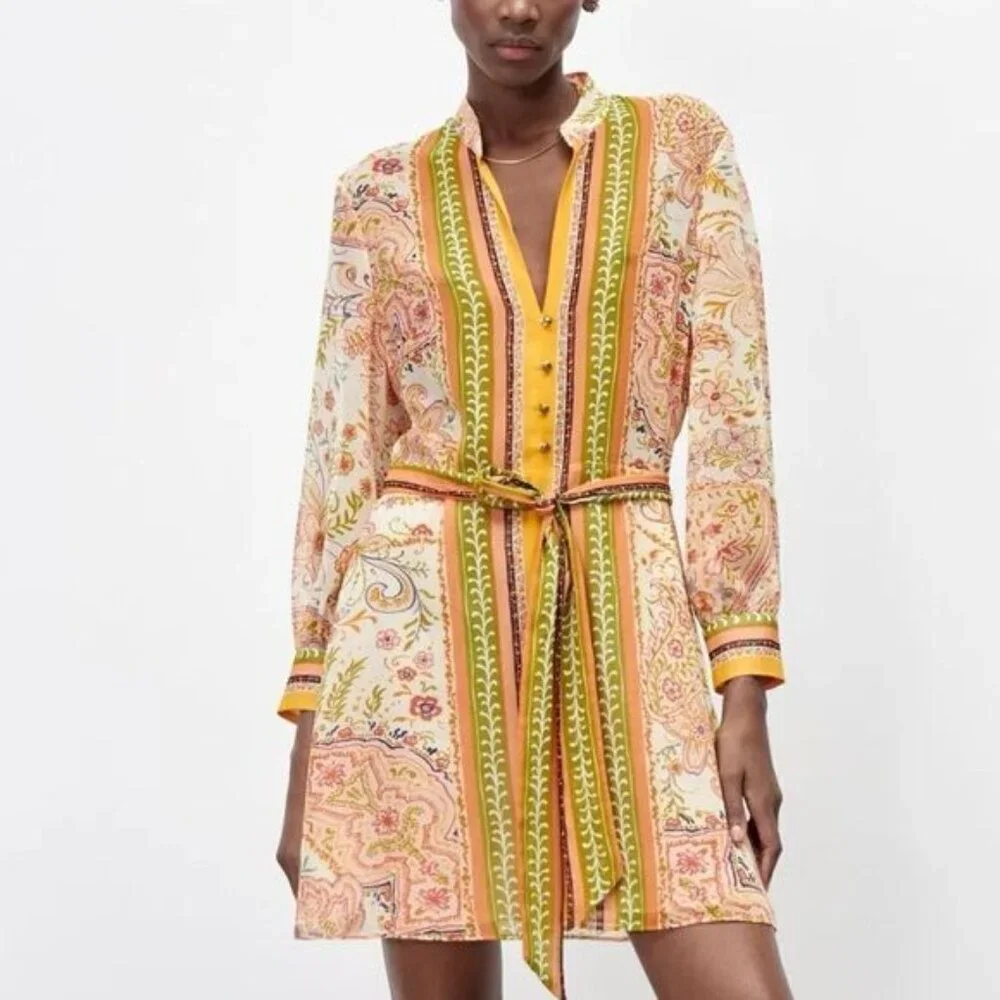 NWOT ZARA Printed Boho Tied Floral Mini Summer Dress Sz S - Picture 1 of 10